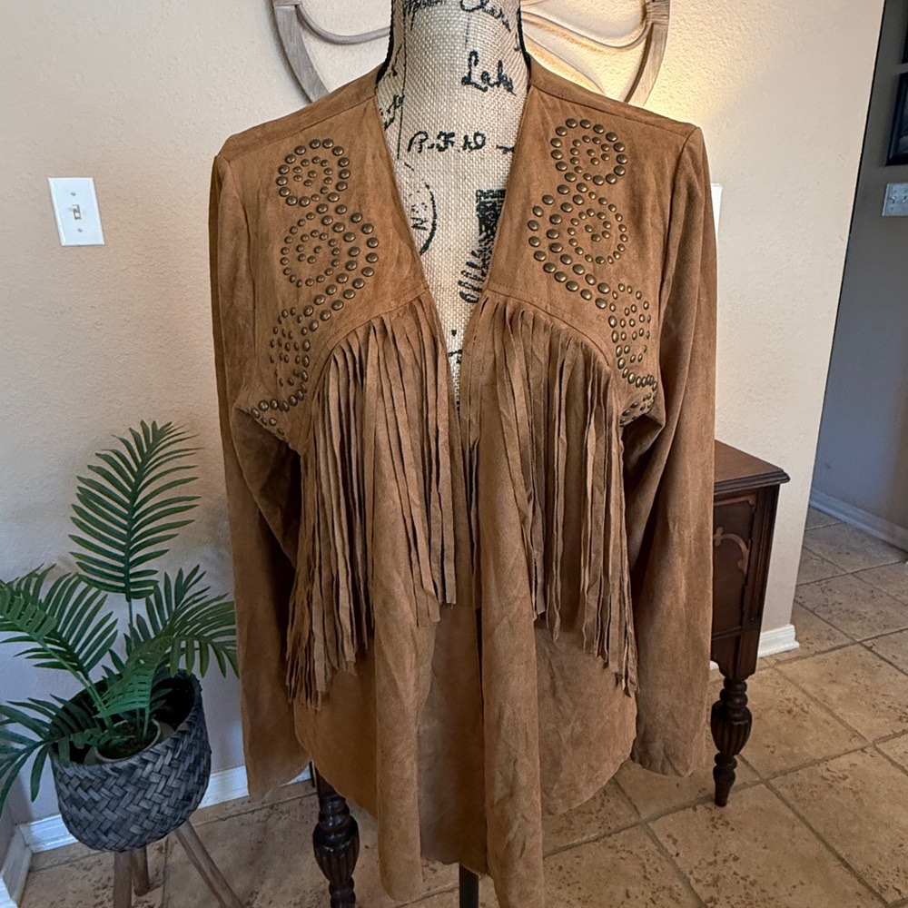 Vocal Camel Brown Western Faux Suede Fringe & Stud Jacket - Picture 5 of 10